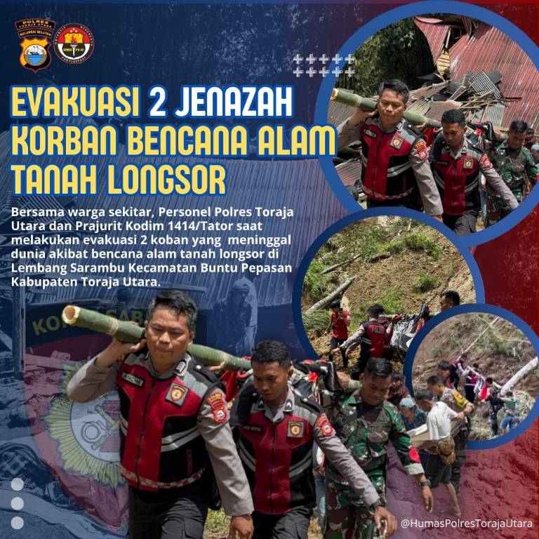 Bersama TNI dan Warga, Polres Toraja Utara Evakuasi 2 Jenazah Korban Tanah Longsor di Buntu Pepasan