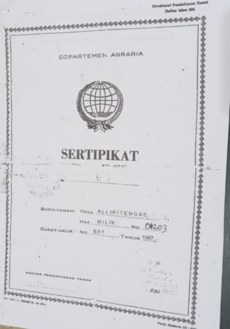 Tercecer Sebuah Sertipikat Tanah Hak Milik Nomor 01203 Di Desa Bontomatene Kecamatan Mandai Maros .