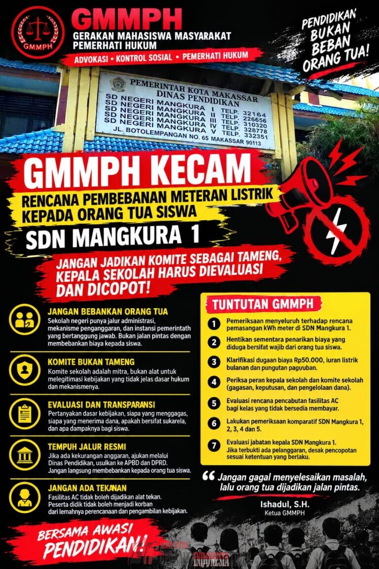 GMMPH Kecam Rencana Pembebanan Meteran Listrik kepada Orang Tua Siswa SDN Mangkura 1: Jangan Jadikan Komite sebagai Tameng, Kepala Sekolah Harus Dievaluasi dan Dicopot